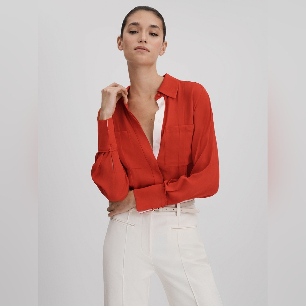 Reiss Contrast Trim Button-Through Shirt in Red